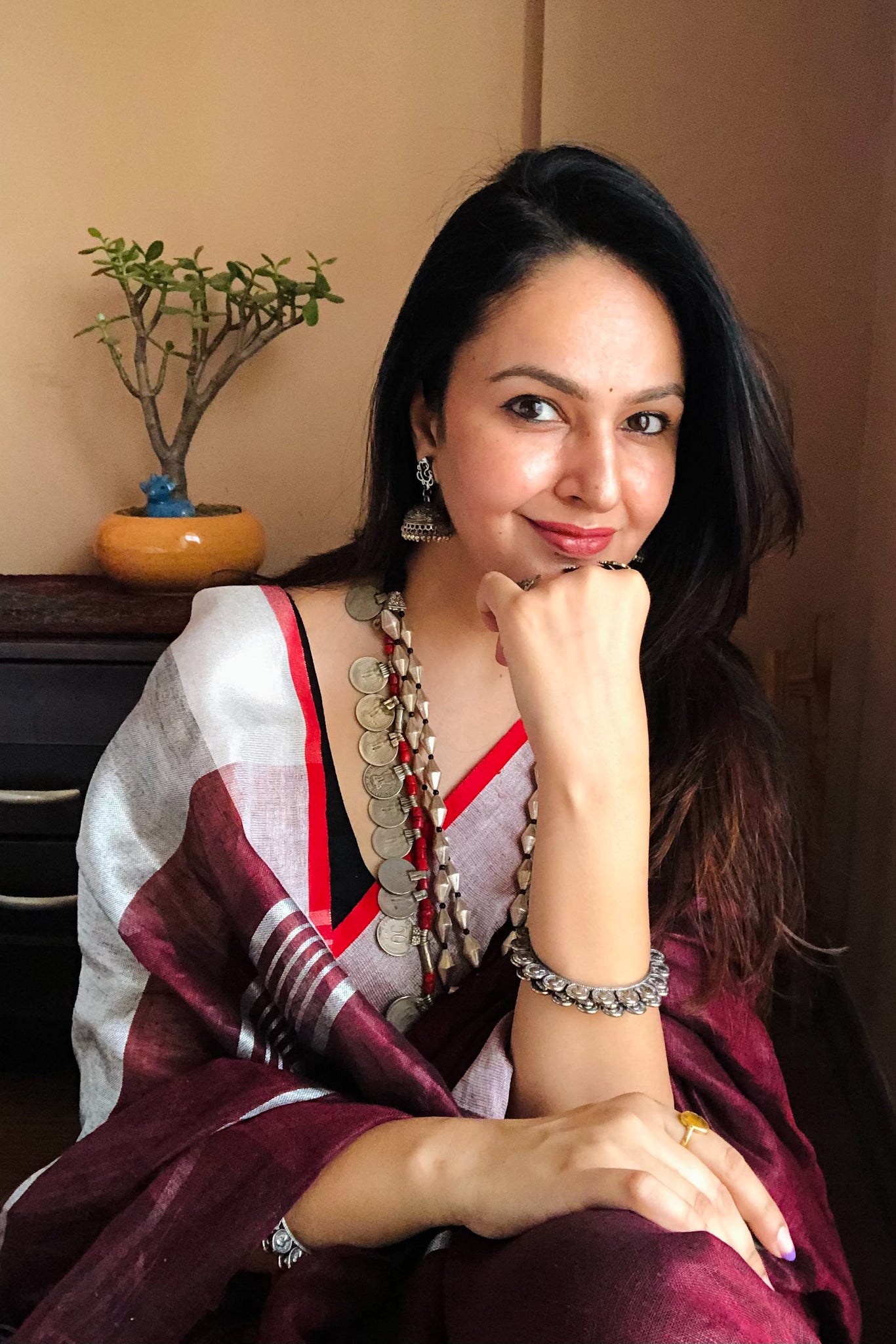 Shakuntala maroon organic pure linen saree - linenworldonline